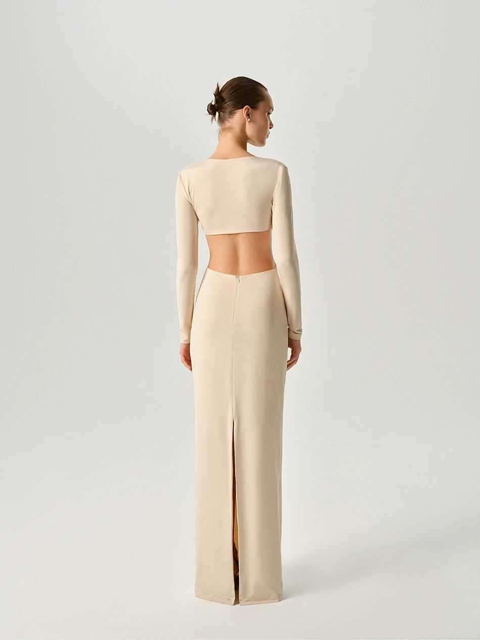 CARRIE BEIGE MIDI DRESS WITH CUT-OUT DETAIL