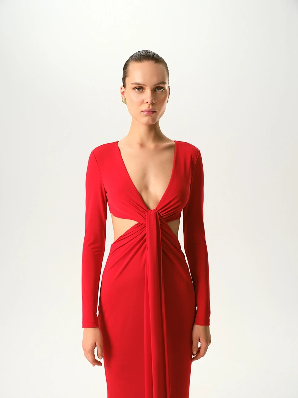 CARRIE RED MIDI DRESS WITH CUT-OUT DETAIL