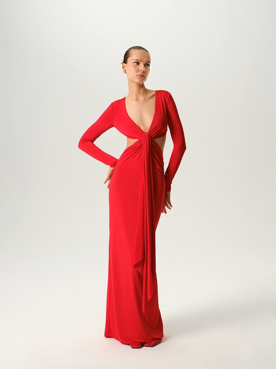 CARRIE RED MIDI DRESS WITH CUT-OUT DETAIL