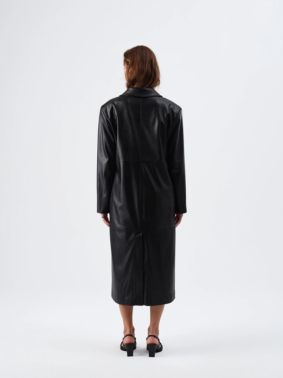 JUNE FAUX LEATHER BLACK TRENCHCOAT