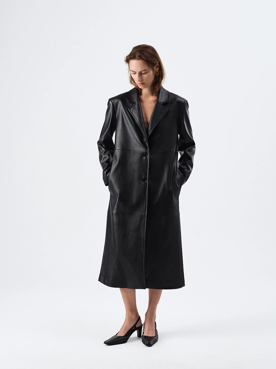 JUNE FAUX LEATHER BLACK TRENCHCOAT