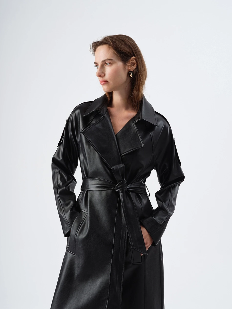 VESPER FAUX LEATHER BLACK TRENCHCOAT