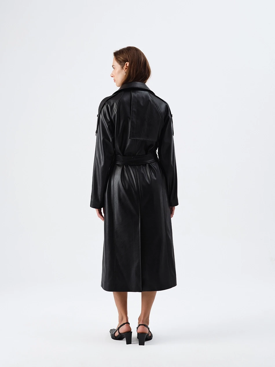 VESPER FAUX LEATHER BLACK TRENCHCOAT