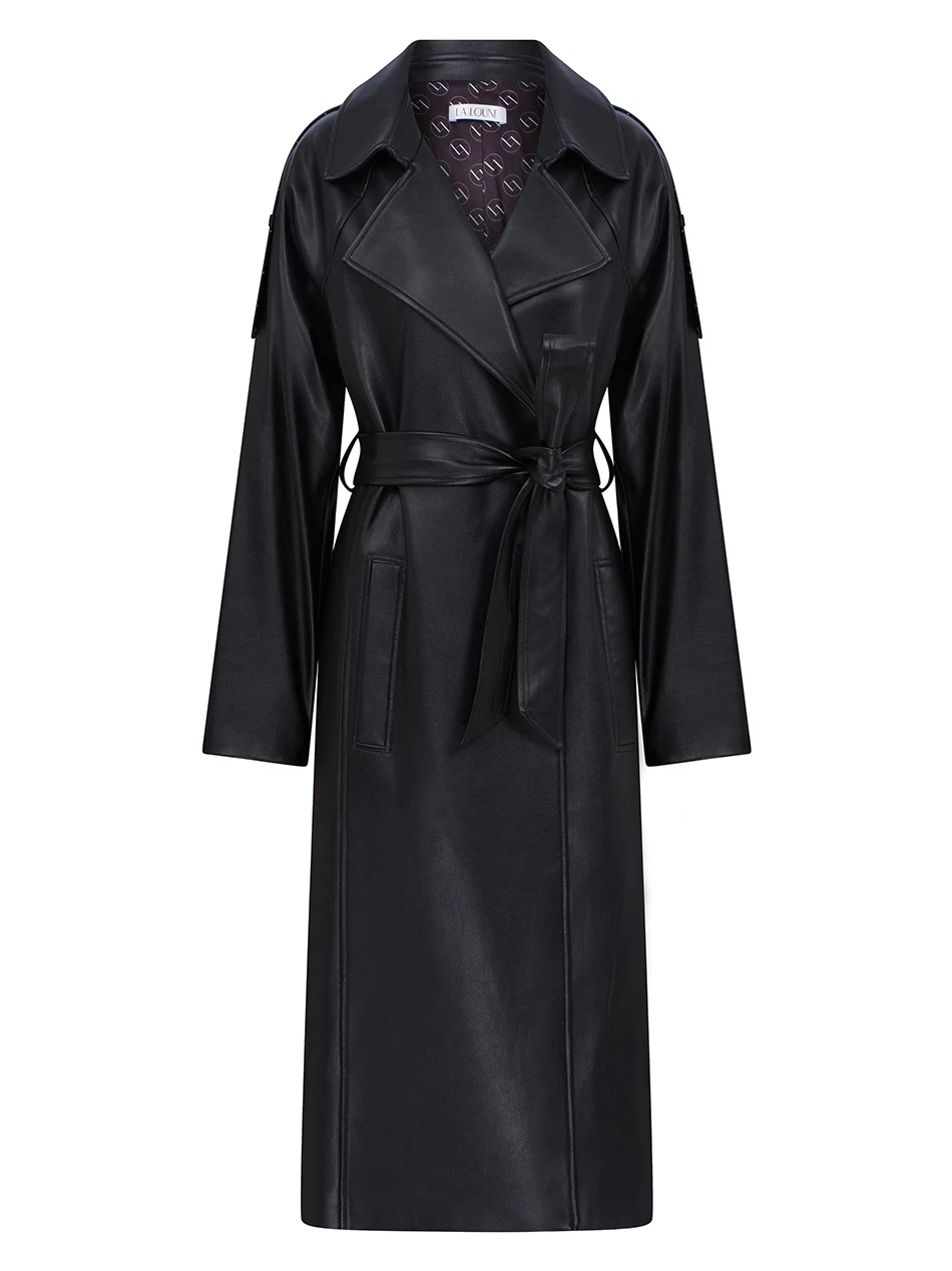 VESPER FAUX LEATHER BLACK TRENCHCOAT