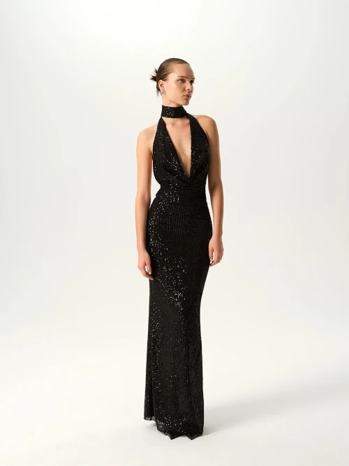 AMANDA V-NECK SEQUIN BLACK MIDI DRESS