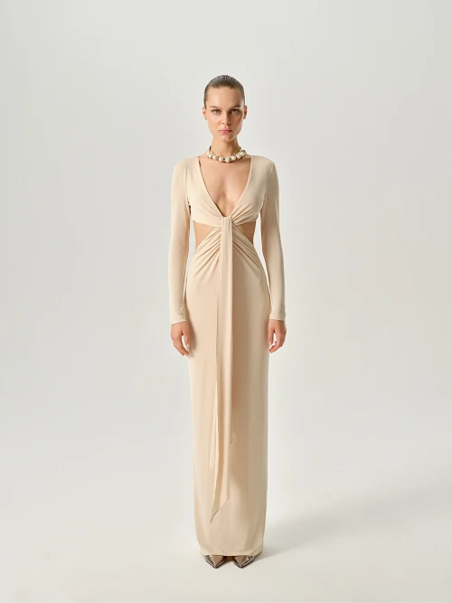 CARRIE BEIGE MIDI DRESS WITH CUT-OUT DETAIL