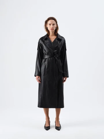 VESPER FAUX LEATHER BLACK TRENCHCOAT